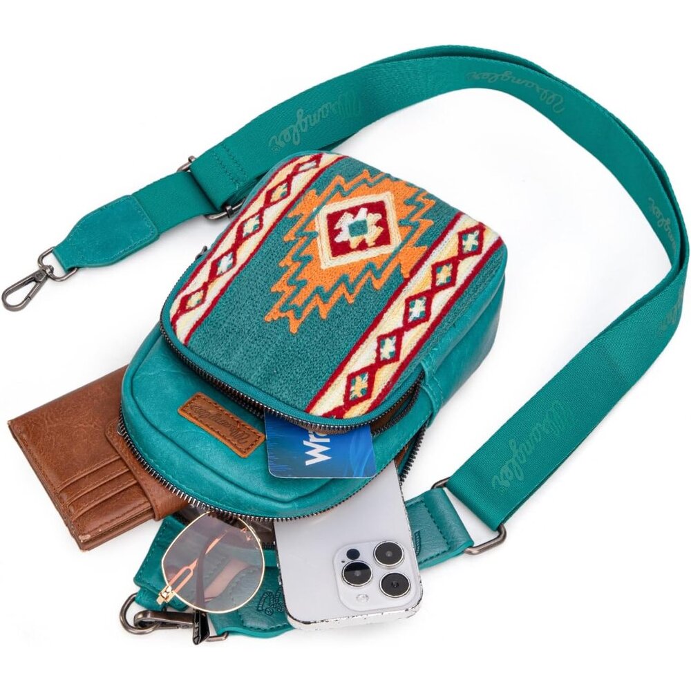 Wrangler Turquoise Aztec Knitted Crossbody Sling Bag for Women - Picture 4 of 7